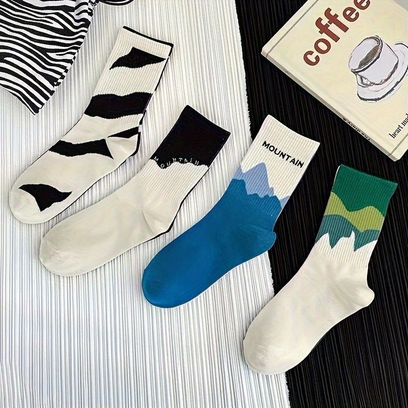 4 Pairs Of Trendy Colour Block Abstract Pattern Crew Socks