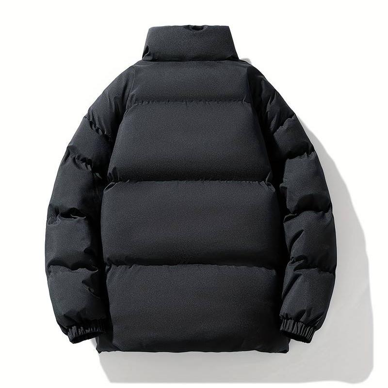 Men's Loose Solid Puffer Coat With Pockets, Casual Stand Collar Zip Up Long Sleeve Warm Coat For Winter Outdoor Activities