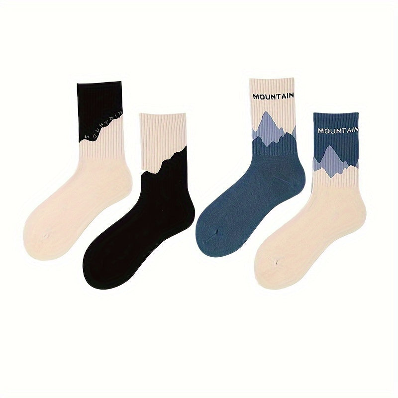 4 Pairs Of Trendy Colour Block Abstract Pattern Crew Socks