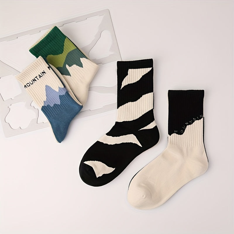 4 Pairs Of Trendy Colour Block Abstract Pattern Crew Socks