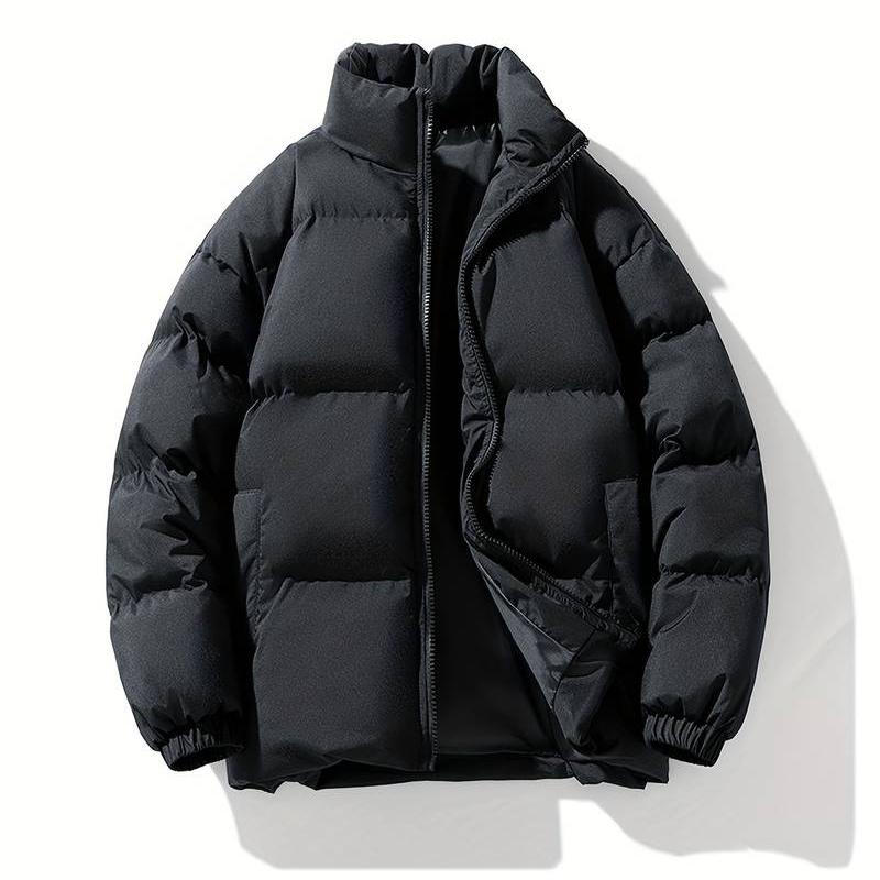 Men's Loose Solid Puffer Coat With Pockets, Casual Stand Collar Zip Up Long Sleeve Warm Coat For Winter Outdoor Activities