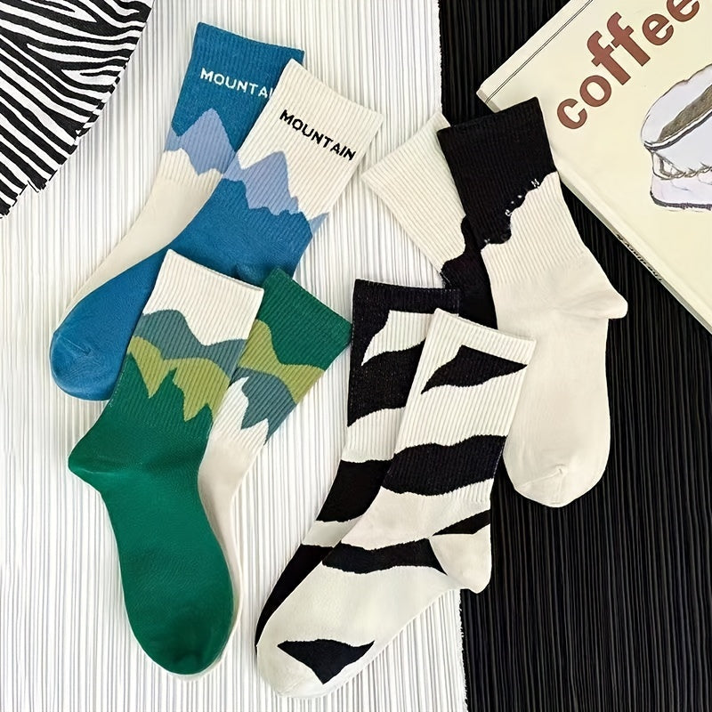 4 Pairs Of Trendy Colour Block Abstract Pattern Crew Socks