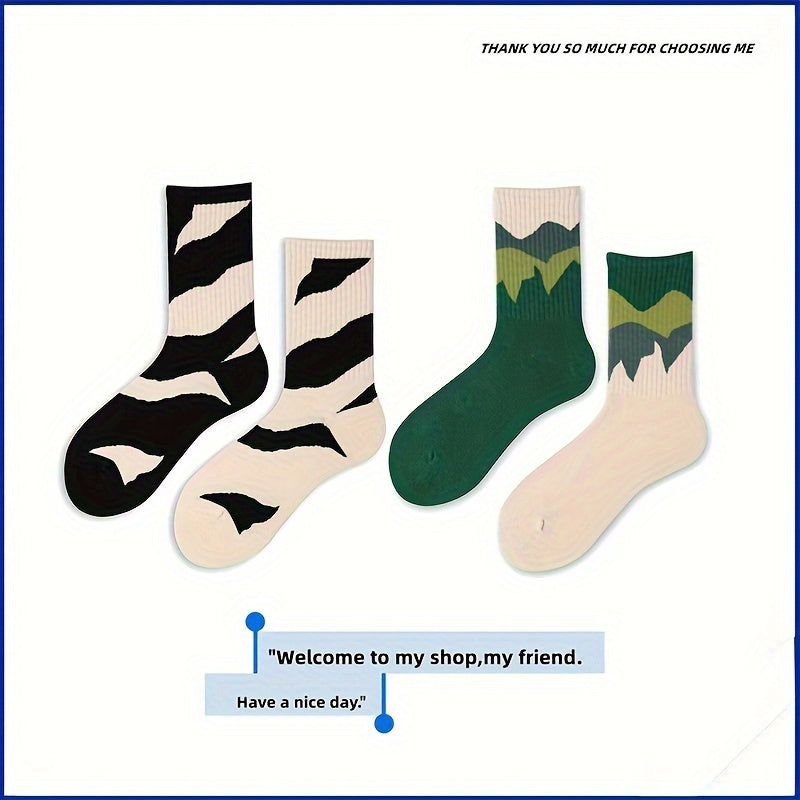 4 Pairs Of Trendy Colour Block Abstract Pattern Crew Socks